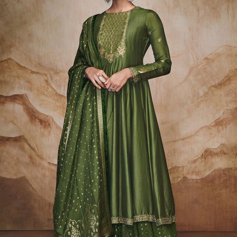 Green Anarkali: Modal Silk Hand Embroidered Zari Yoke Sharara Set For Women